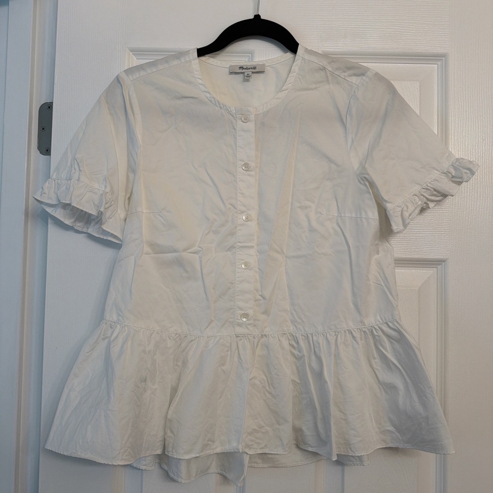 Madewell White Button-Up Ruffle Blouse